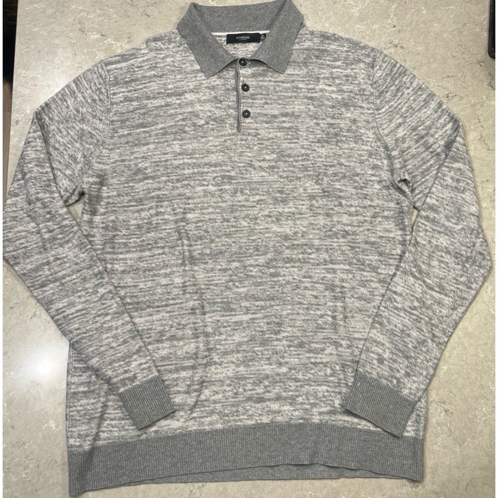 Kinross Men's M Polo Sweater Gray Cotton Silk Cashmere Space Dye Long Sleeve